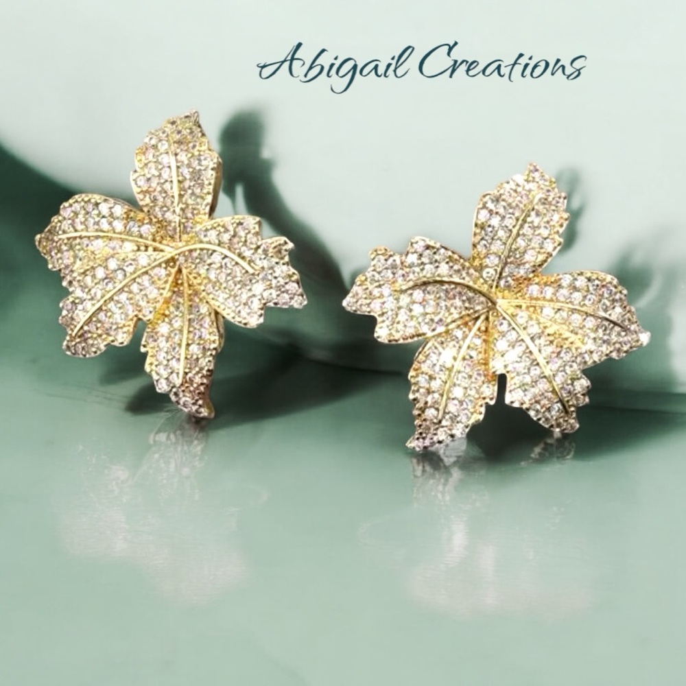 Abigail Creations Elegant Gold Plated Cubic Zirconia Leaf Studs.